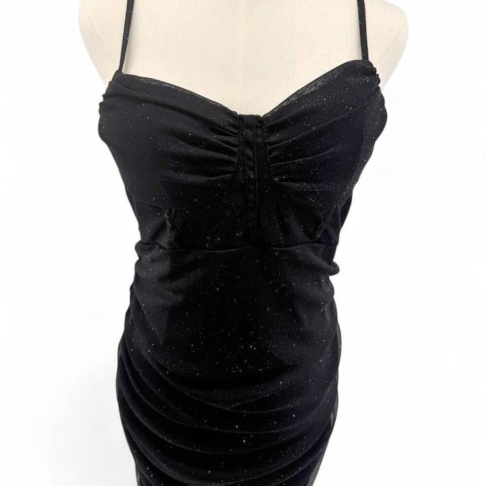 Whimsygoth Black Glitter Mesh Ruched Mini Dress